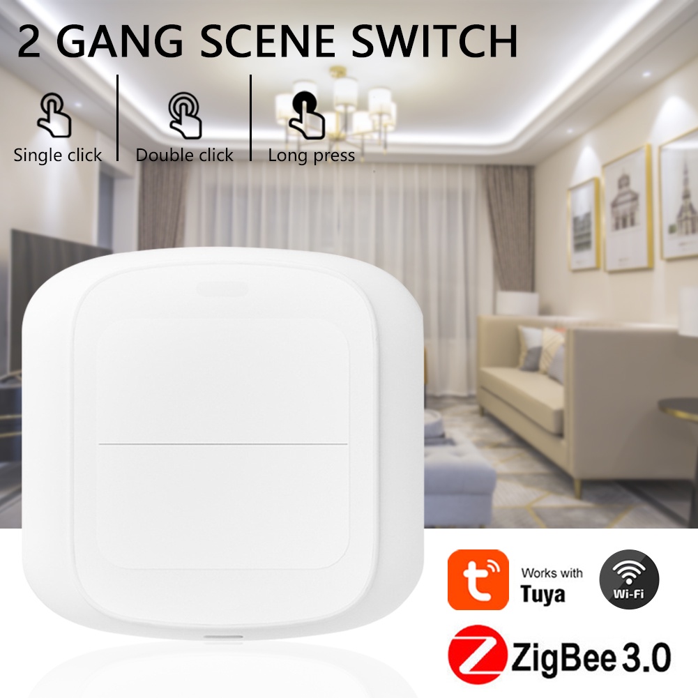 Công tắc tình huống Aubess 2 phím Wifi/Zigbee Tuya thông minh không dây với 6 ngữ cảnh/ nút nhấn điều khiển từ xa