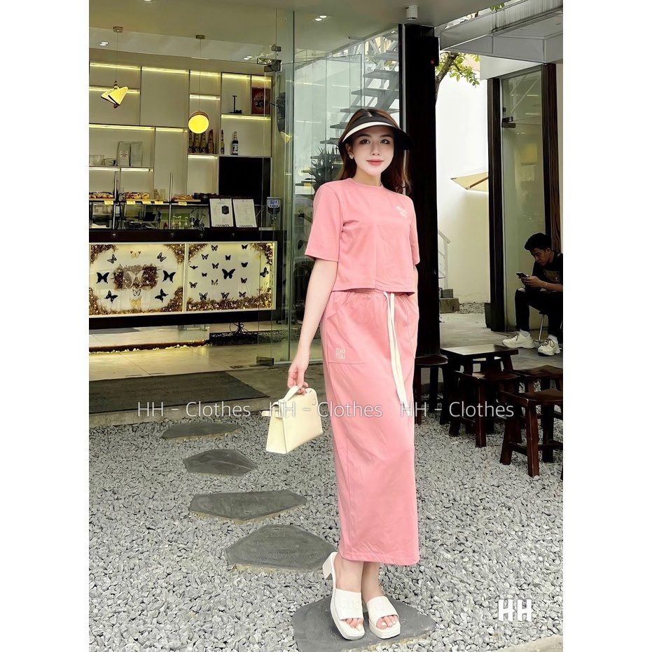 SET BỘ ĐI CHƠI, SET 2 MÓN ÁO THUN CROPTOP CỔ TRÒN TAY NGẮN PHỐI CHÂN VÁY DÀI HÀNG QUẢNG CHÂU CAO CẤP