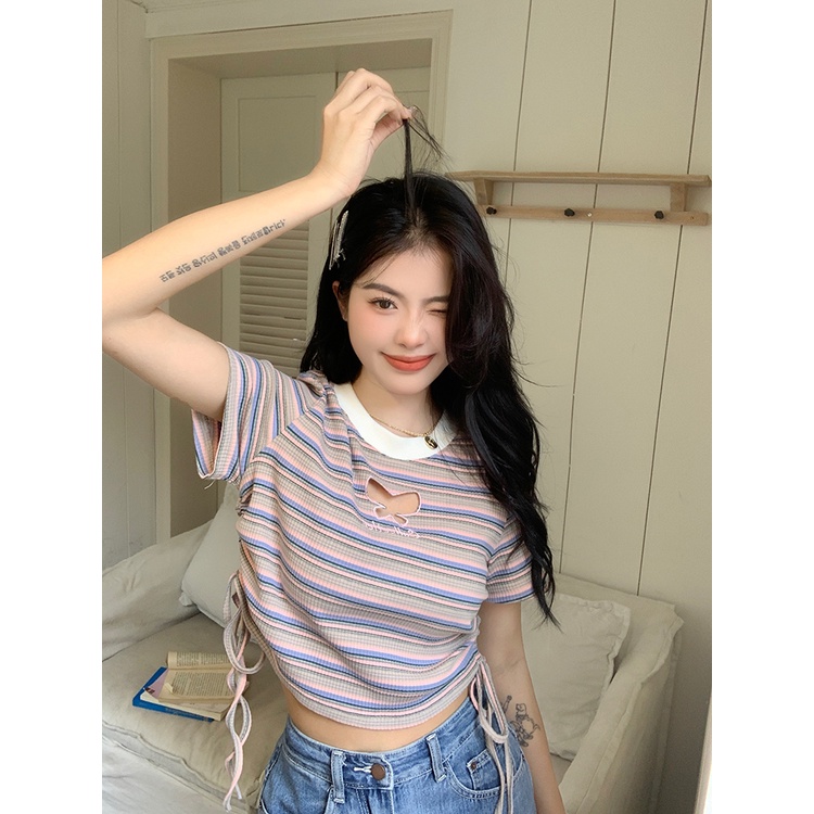 Áo Thun Ngắn Tay Dây Rút Họa Tiết Kẻ Sọc Tương Phản Thời Trang Mùa Hè Mới Cho Nữ