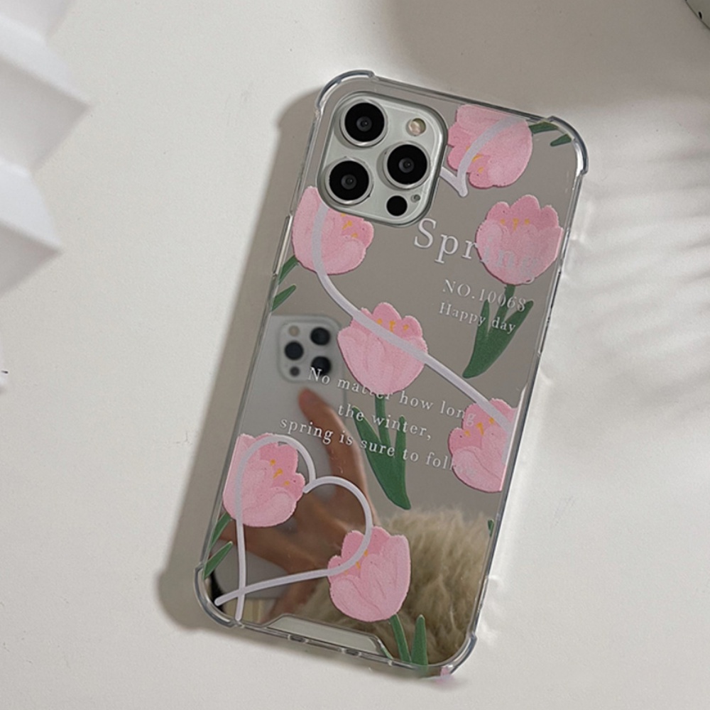 Ốp Điện Thoại TPU Dẻo Gắn Gương Trang Điểm In Hình Hoa Tulip Cho IPhone 13 12 11 Pro Max XS XR 8 7 Plus
