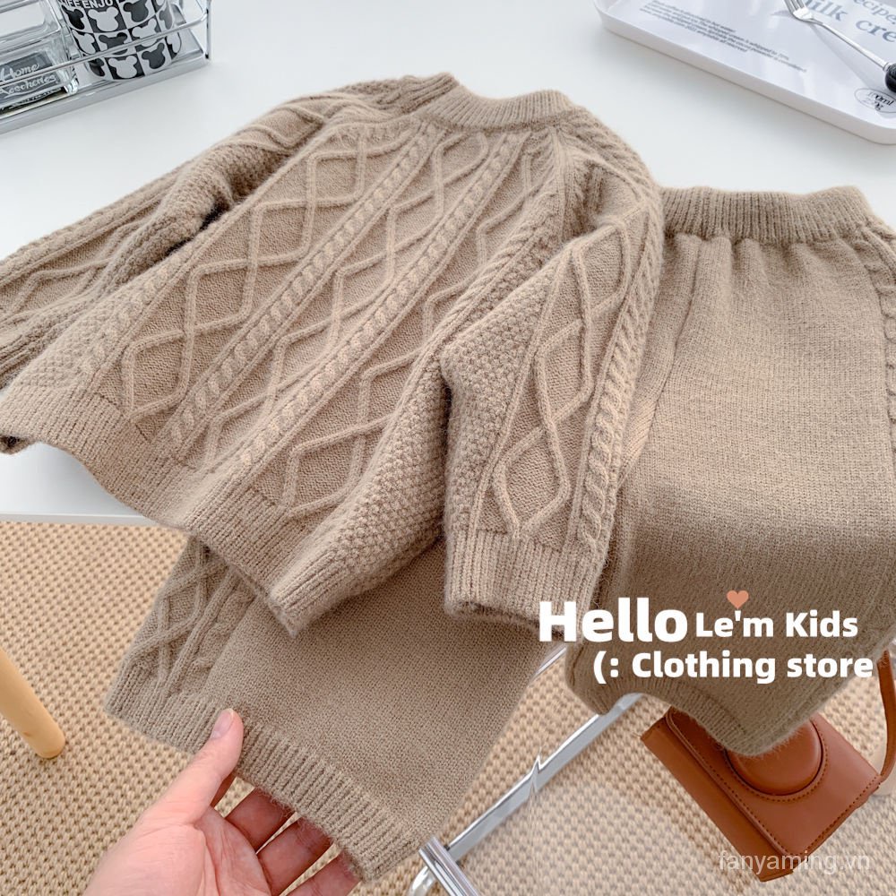 Bộ Áo Len Tay Phồng + Quần Dài Màu Trơn Phong Cách Hàn Quốc Thời Trang Thu Đông Xinh Xắn Cho Bé Gái Màu Sắc