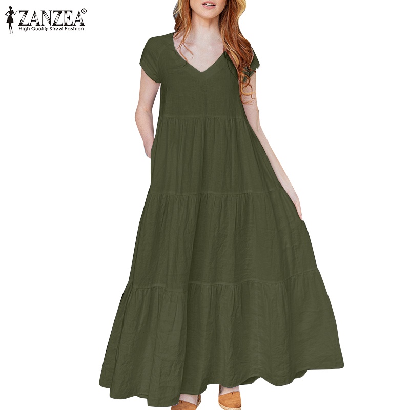 Đầm ZANZEA tay ngắn nhiều tầng màu trơn thời trang nữ tính