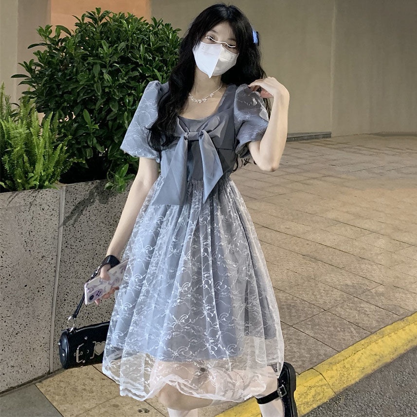 Đầm Dài Qua Gối Tay Phồng Đính Nơ Phong Cách Retro Pháp Thời Trang Mùa Hè Dành Cho Học Sinh