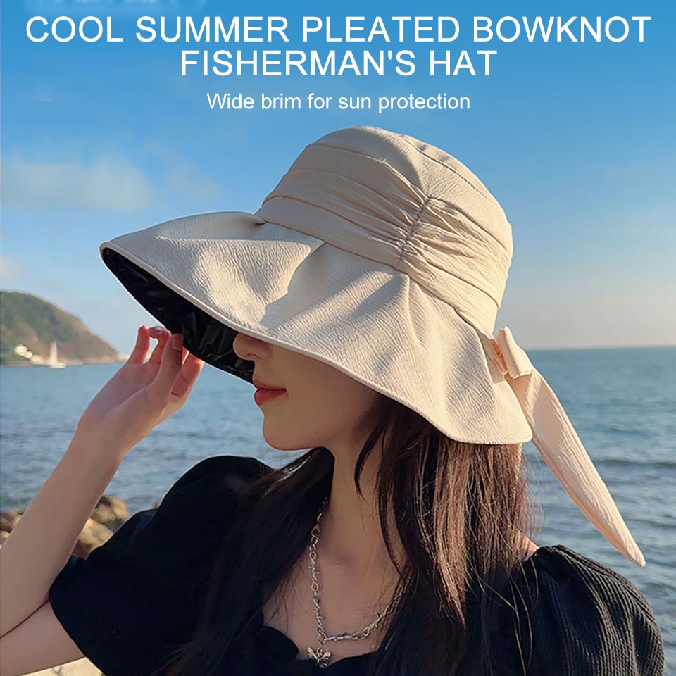 Mũ Tai Bèo Chống Nắng Tia UV Dán Keo Đen Đính Nơ Thời Trang Mùa Hè Cho Nữ