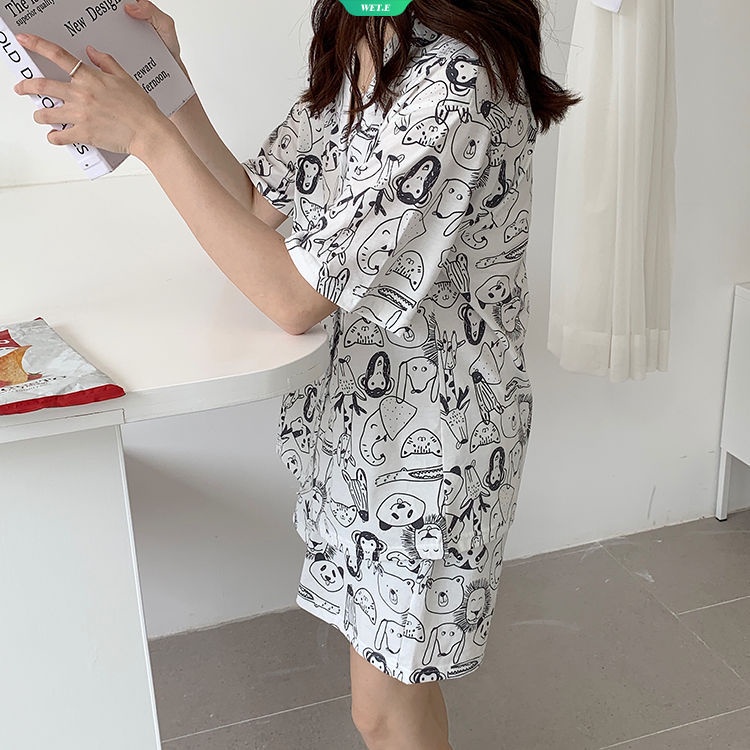 Bộ Đồ Ngủ Tay Ngắn In Họa Tiết Hoạt Hình Động Vật Dễ Thương Thời Trang Mùa Hè 2023 Cho Nữ