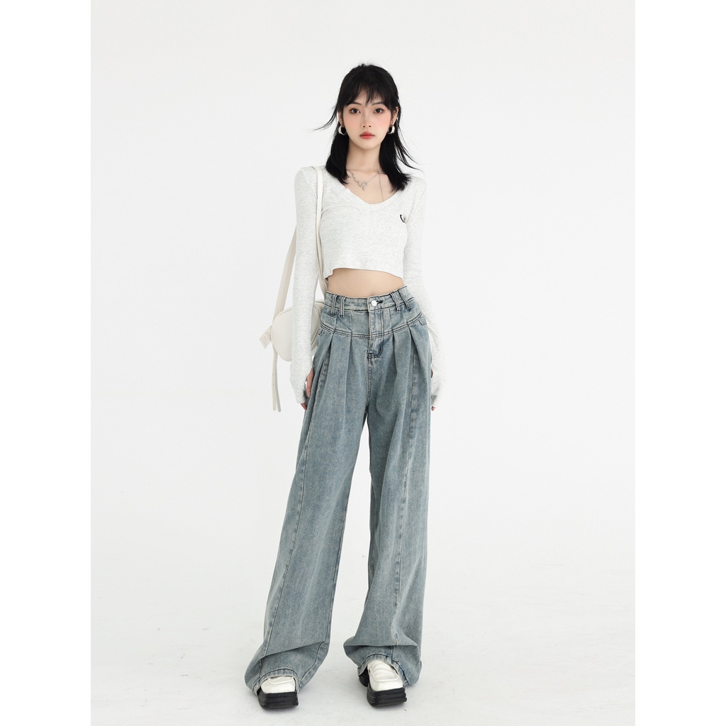 SUXI Quần Jean Ống Rộng Lưng Cao Tôn Dáng Phong Cách Vintage Hợp Thời Trang