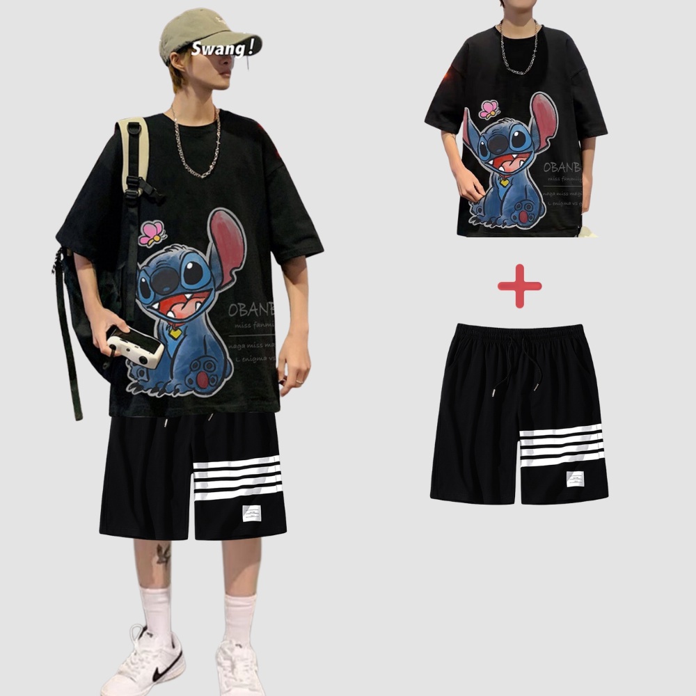 Mẫu mới combo áo thun form rộng gấu túi obane kèm quần short sọc ngang phong cách sozo top 017 ghep short 016