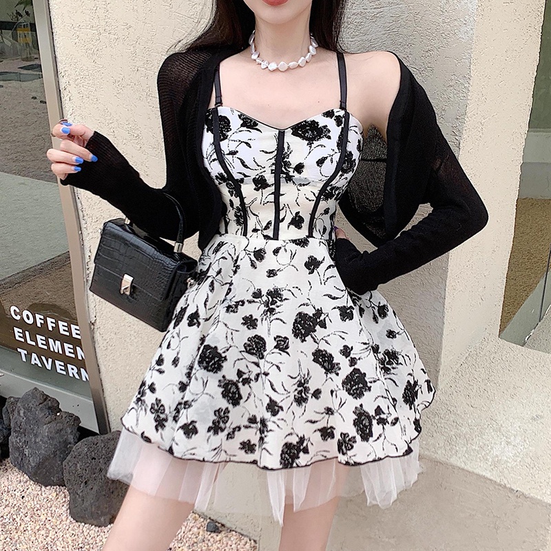 IELGY  Đầm Hai Dây Phối Lưới Họa Tiết Hoa Dáng Ôm Thời Trang Cho Nữ