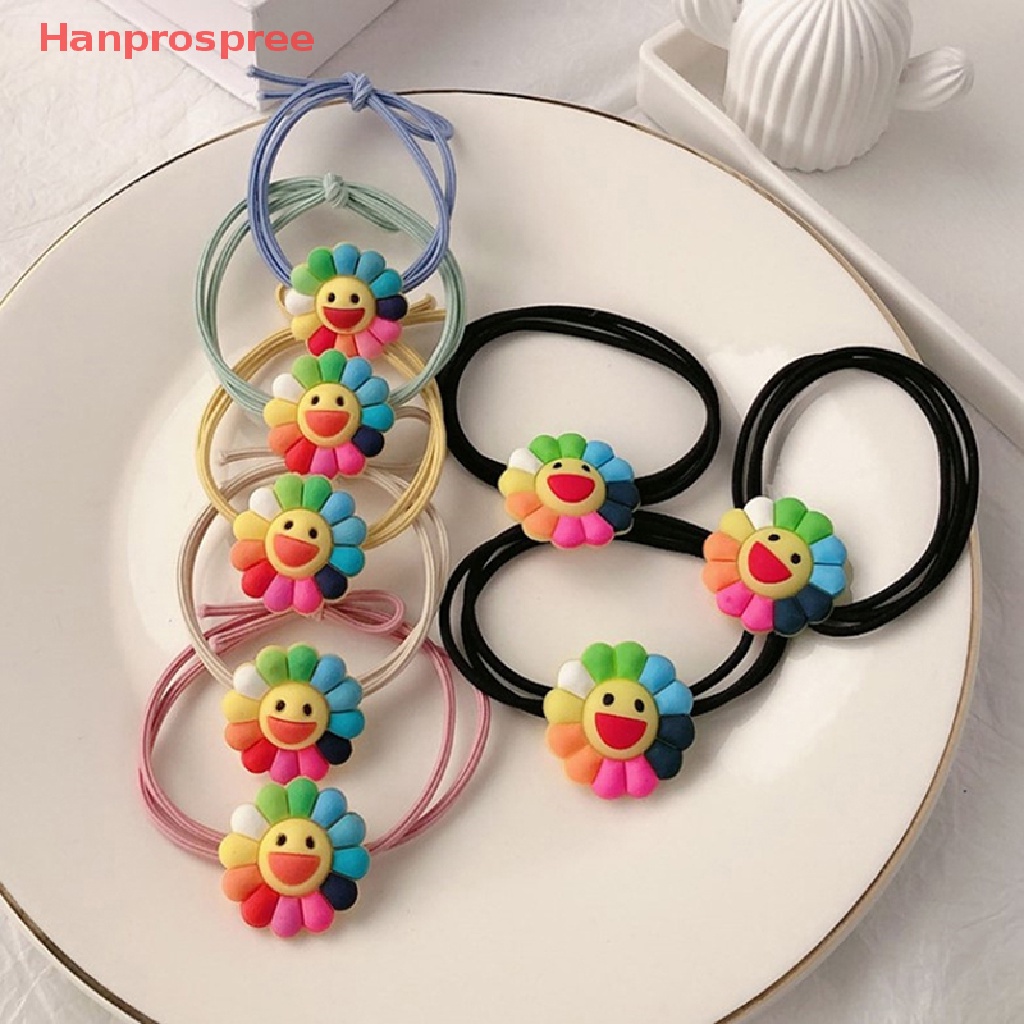 Bộ 5 Dây Buộc Tóc Cao Su Co Giãn Đính Hoa Hướng Dương Mặt Cười Dễ Thương Cho Bé Gái