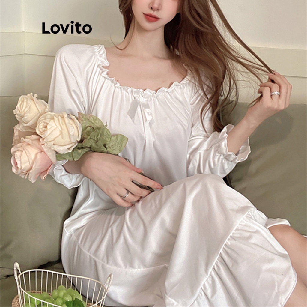 Lovito Váy ngủ chữ A dài tay có diềm trơn kiểu dáng lãng mạn dành cho nữ LNE06066 (Trắng)