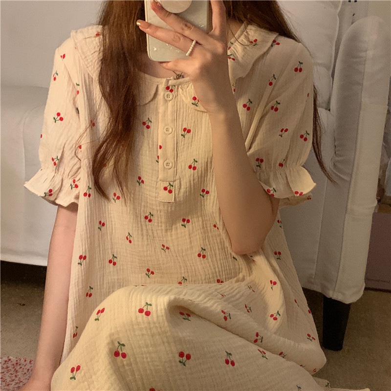 Đầm Ngủ Cotton Tay Ngắn Phối Ren Phong Cách Công Chúa Pháp Ngọt Ngào Cho Nữ La230