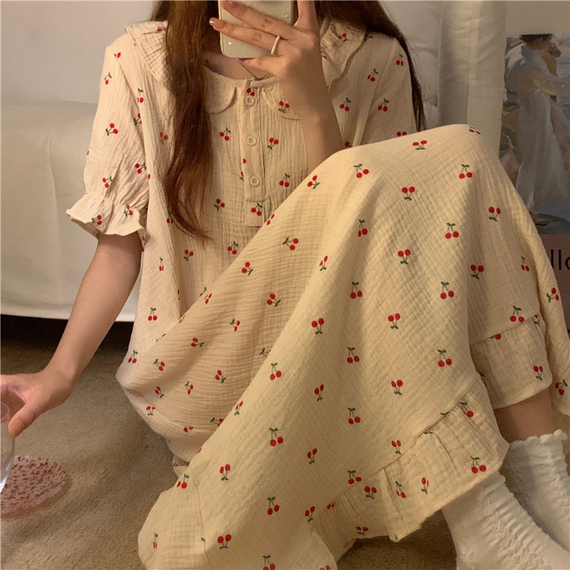 Đầm Ngủ Cotton Tay Ngắn Phối Ren Phong Cách Công Chúa Pháp Ngọt Ngào Cho Nữ La230