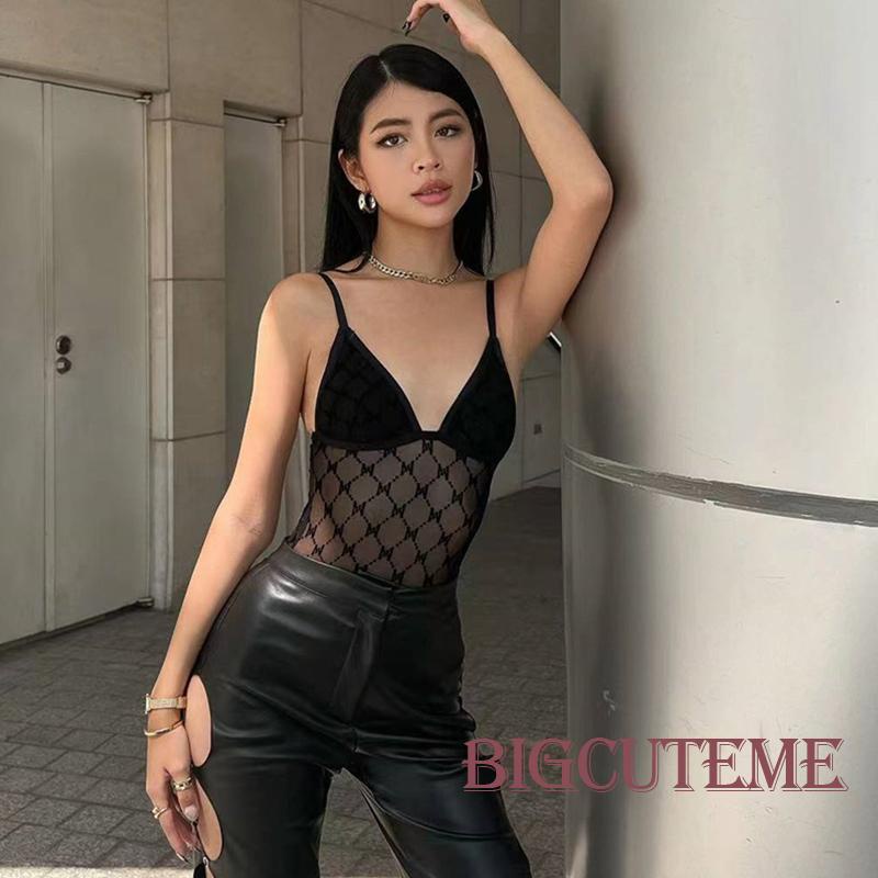 Bộ Áo Liền Quần Cổ Chữ V Không Tay Phối Lưới Kẻ Sọc Màu Đen Thời Trang Mùa Hè Cho Nữ