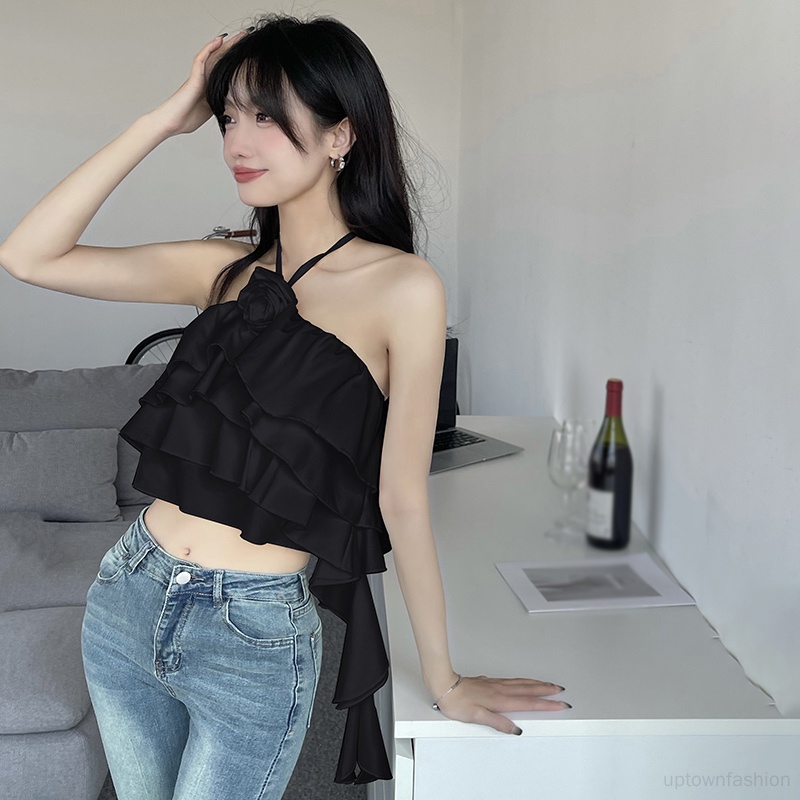 Áo Voan Hai Dây Hở Lưng Phối Bèo Họa Tiết Hoa Ngọt Ngào Cho Nữ