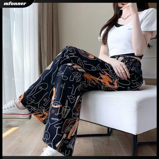 Quần Dài Lưng Cao Ống Rộng Dây Rút In Họa Tiết Thời Trang Cho Nữ