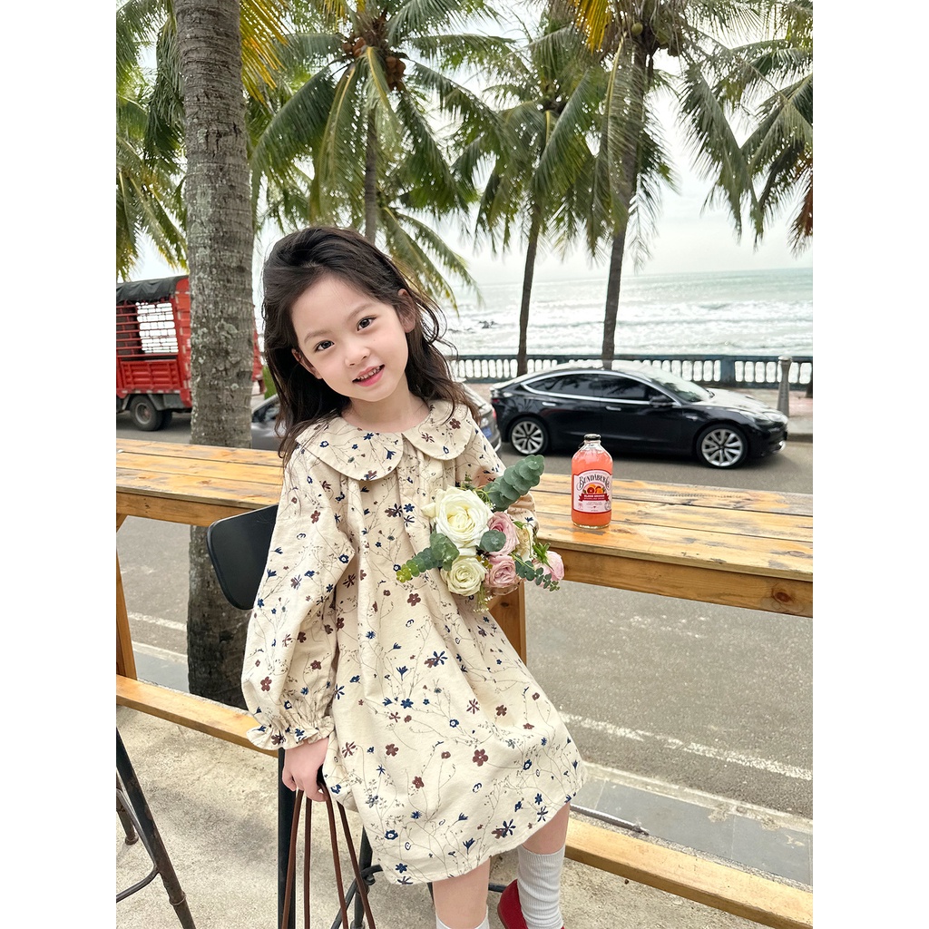 Hàng Có Sẵn Đầm Cotton Nguyên Chất Tay Dài Cổ Búp Bê In Hoa Thời Trang Hàn Quốc Ngọt Ngào Cho Bé Gái