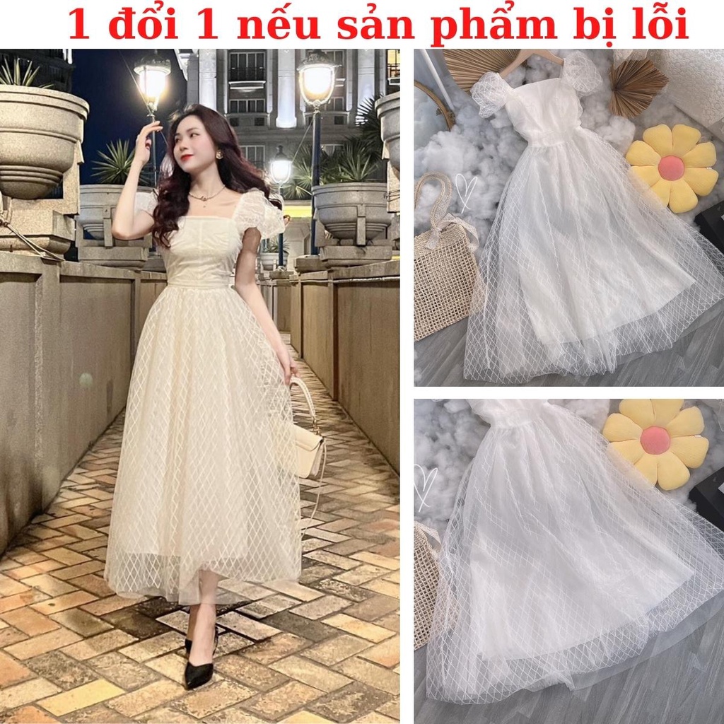 Đầm maxi trắng dự tiệc tay phồng cổ vuông form xòe hàng thiết kế may 2 lớp phối ren