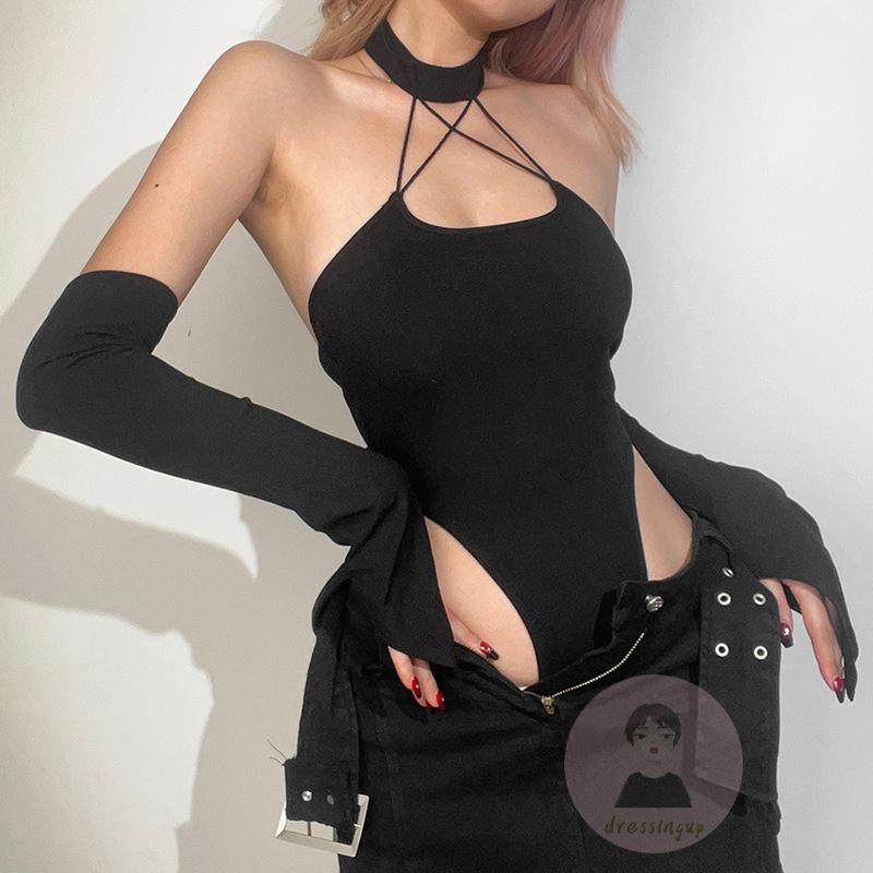 Bộ Áo Liền Quần Sát Nách Khoét Lỗ Dây Chéo Trước Ngực Có Tay Áo Thời Trang Cho Nữ