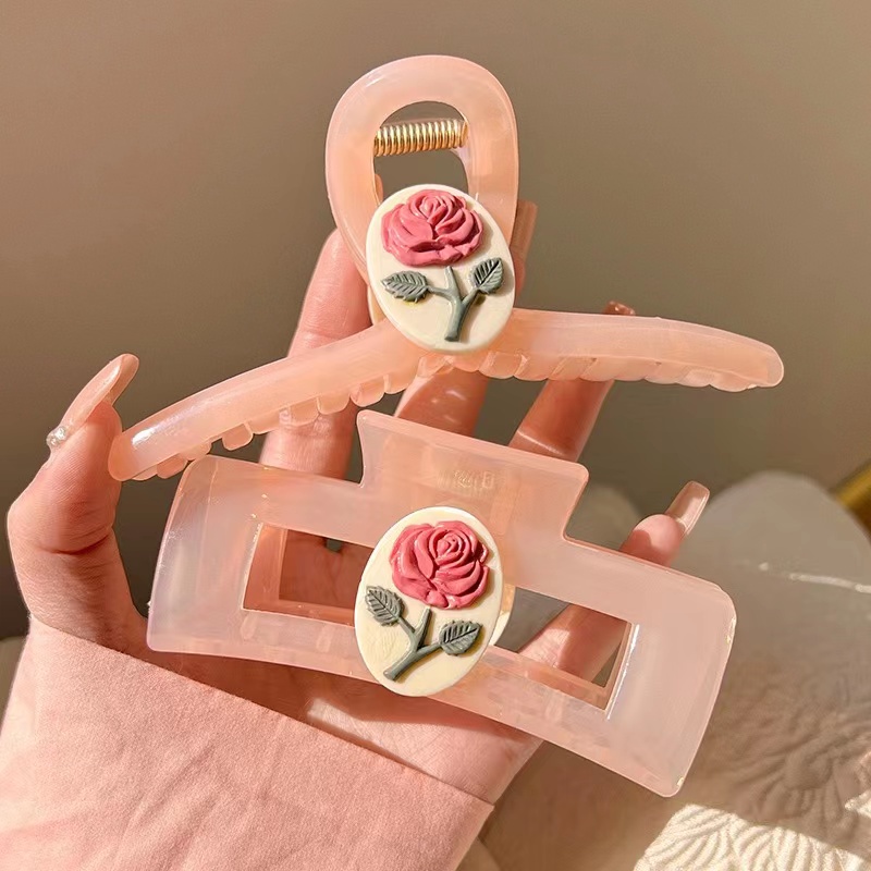 Kẹp Tóc Càng Cua Hình Vuông Lớn Bằng Acrylic In Họa Tiết Hoa Hồng Dễ Thương Cho Nữ