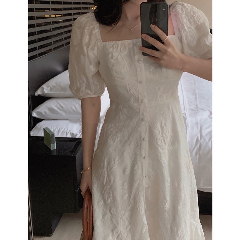 [F &amp; X] Đầm Tay Phồng Chiết Eo Màu Trắng Thanh Lịch Phong Cách Pháp Cổ Điển Thời Trang Mùa Hè Cho Nữ