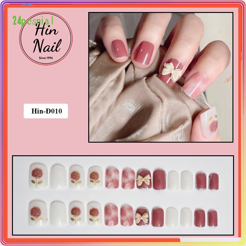 Móng Tay Giả Đính Đá Hin Nail Hộp 24 Nail Box Tặng Kèm 4 Phụ Kiện