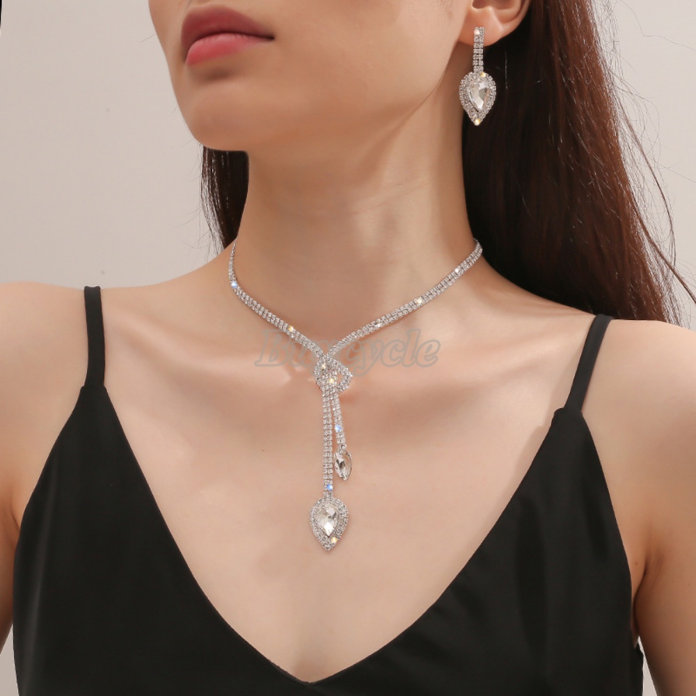 Bộ Vòng cổ + Bông Tai Đính Kim Cương Giả Tối Giản Cho Nữ