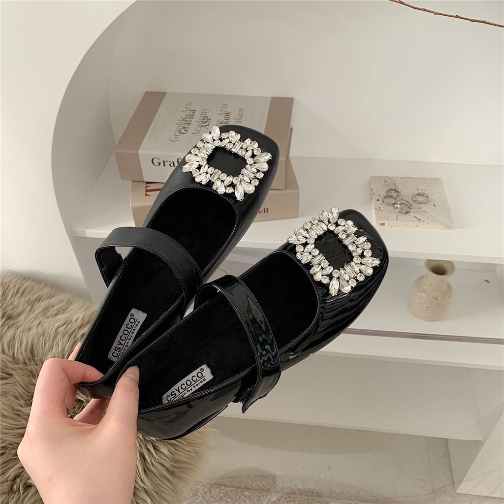 Giày Búp Bê Da Mũi Vuông Đính Đá Xinh Xắn Dành Cho Nữ