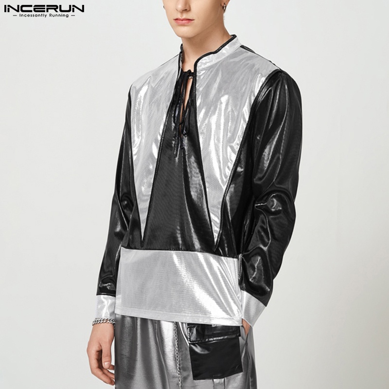 INCERUN Áo Sơ Mi Dài Tay Cổ Thỏ Phối Dây Thắt Thời Trang Nam Cá Tính