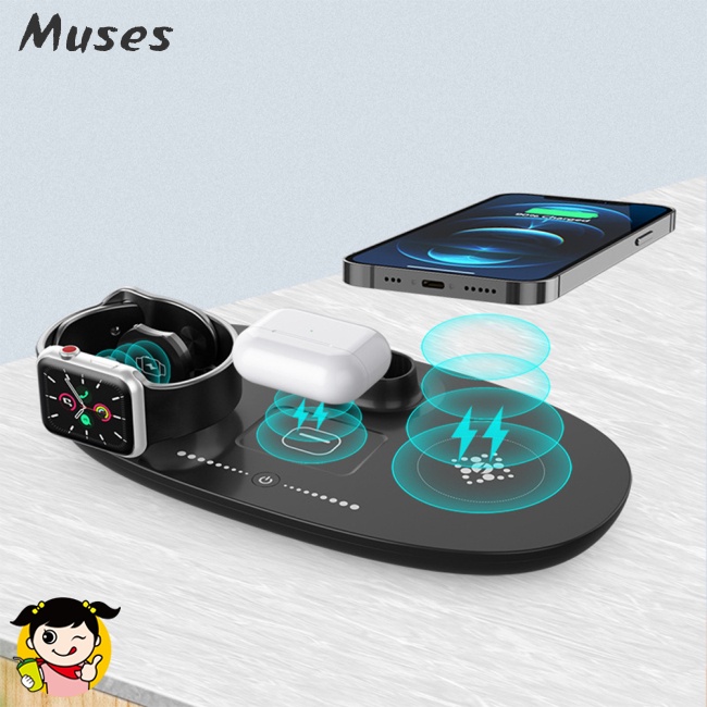 Đế Sạc Nhanh Không Dây Qi 4 Trong 1 15w Có Đèn Led Cho Điện Thoại Đồng Hồ