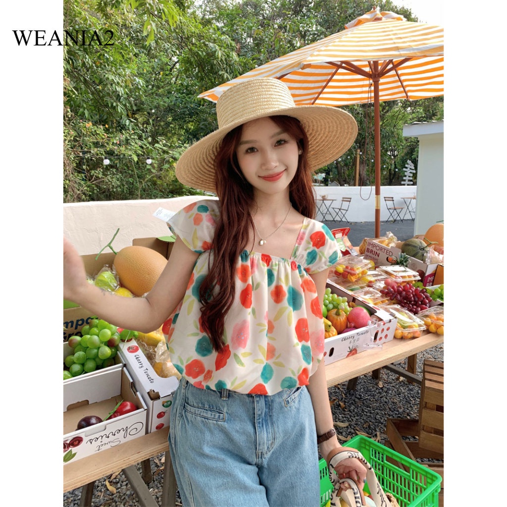 Áo Croptop Cổ Vuông In Họa Tiết Hoa Dễ Thương Thời Trang Mùa Hè Cho Bạn Gái WEANIA-