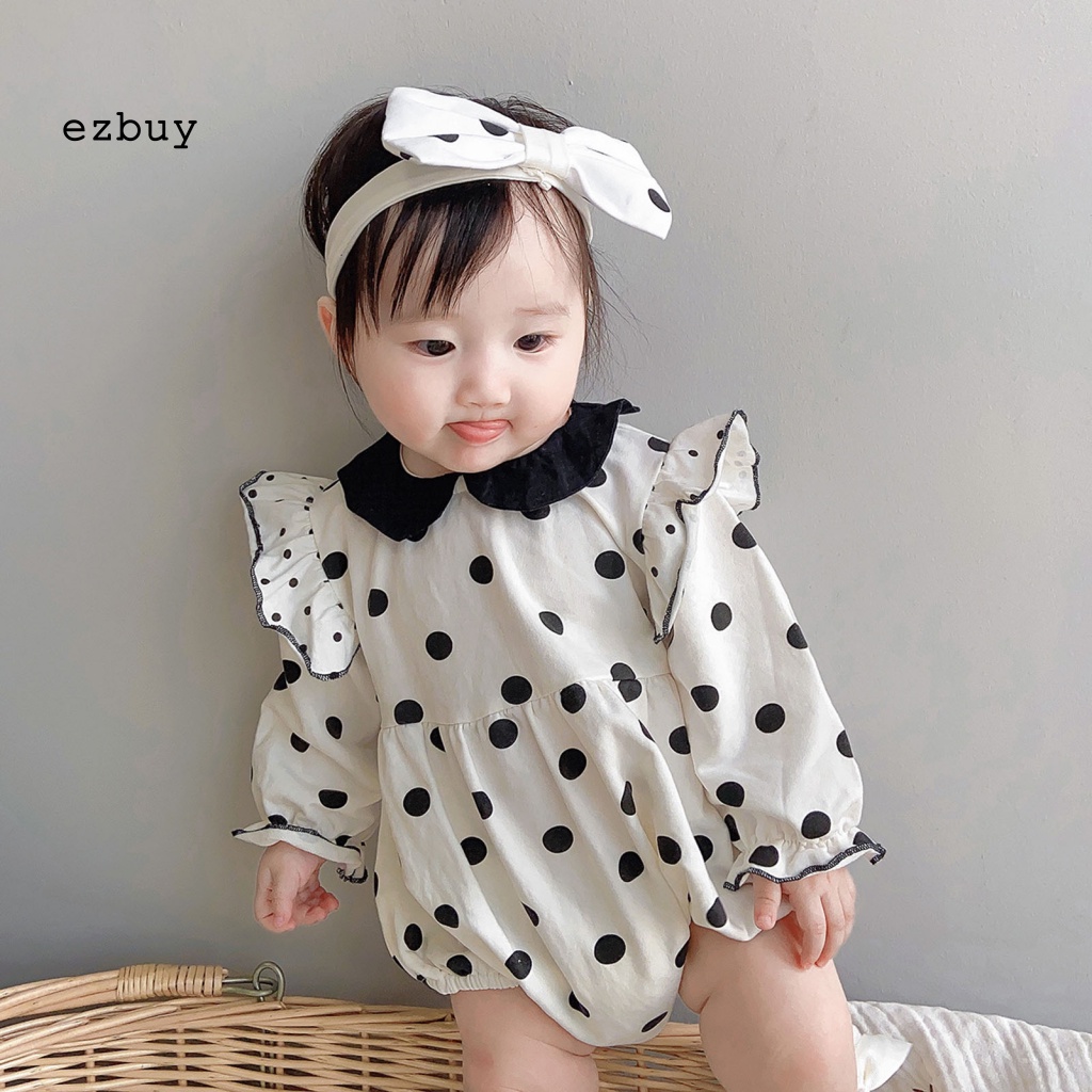 Set 2 Món Áo Liền Quần Bằng Cotton Thân Thiện Với Da In Họa Tiết Chấm Bi + Băng Đô Cài Tóc Cho Bé Gái