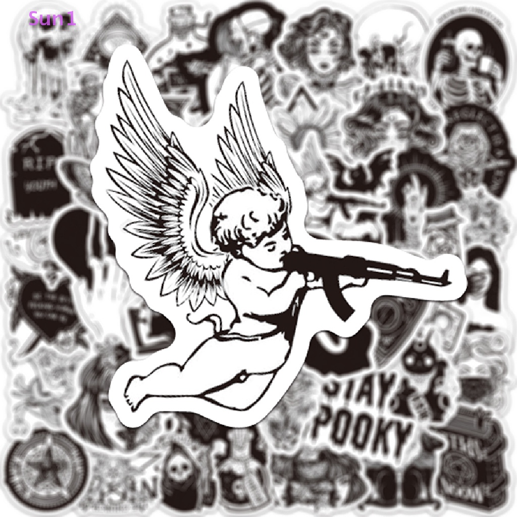 Set 50 Miếng Dán Hình Kinh Dị Màu Trắng Đen Chống Nước Trang Trí Laptop