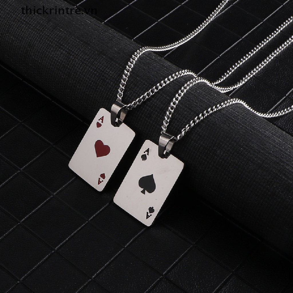 Vòng cổ Thép Titan Mặt Hình Lá Bài Poker Lucky Ace of Spade Màu Đỏ Đen Bạc Cho Nam
