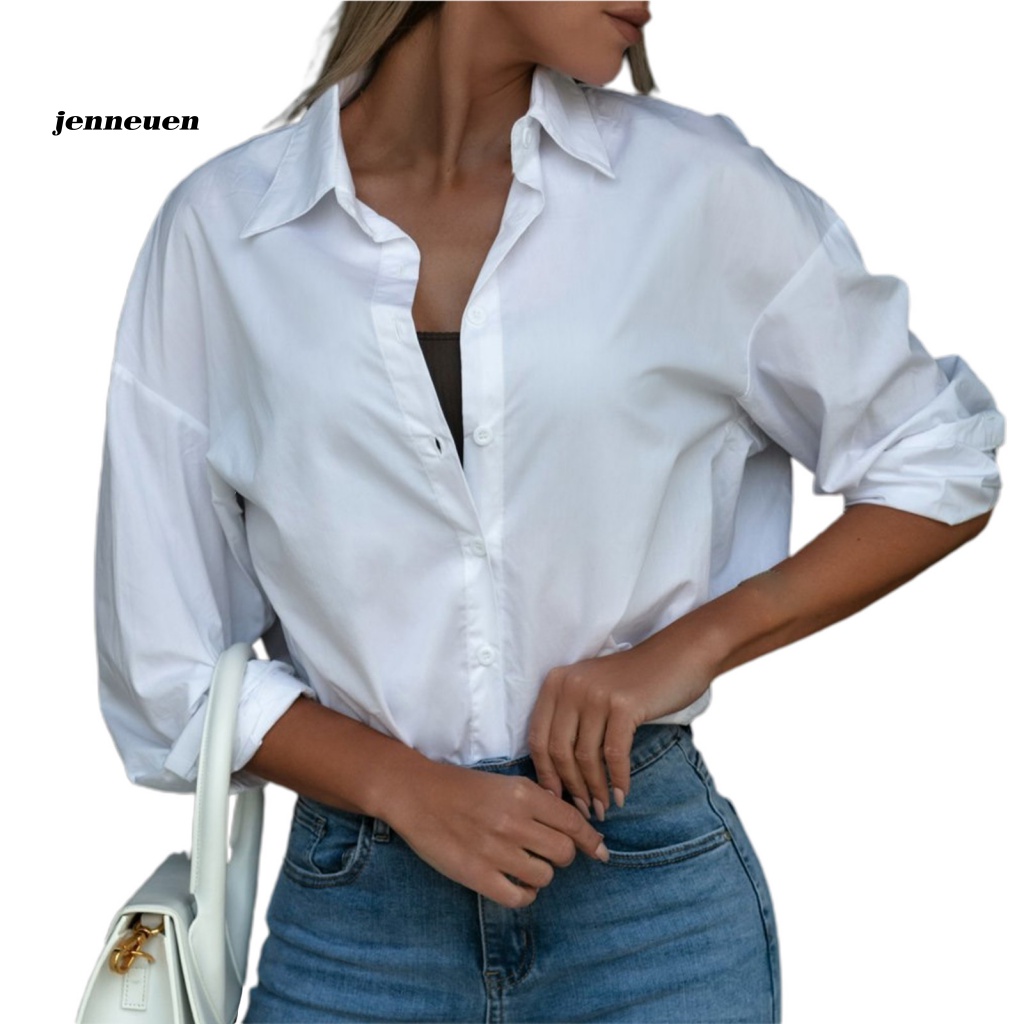 Jen Áo Sơ Mi Công Sở Dáng Rộng Cổ Chữ V Một Hàng Nút Màu Trơn Mặc Hàng Ngày Cho Nữ
