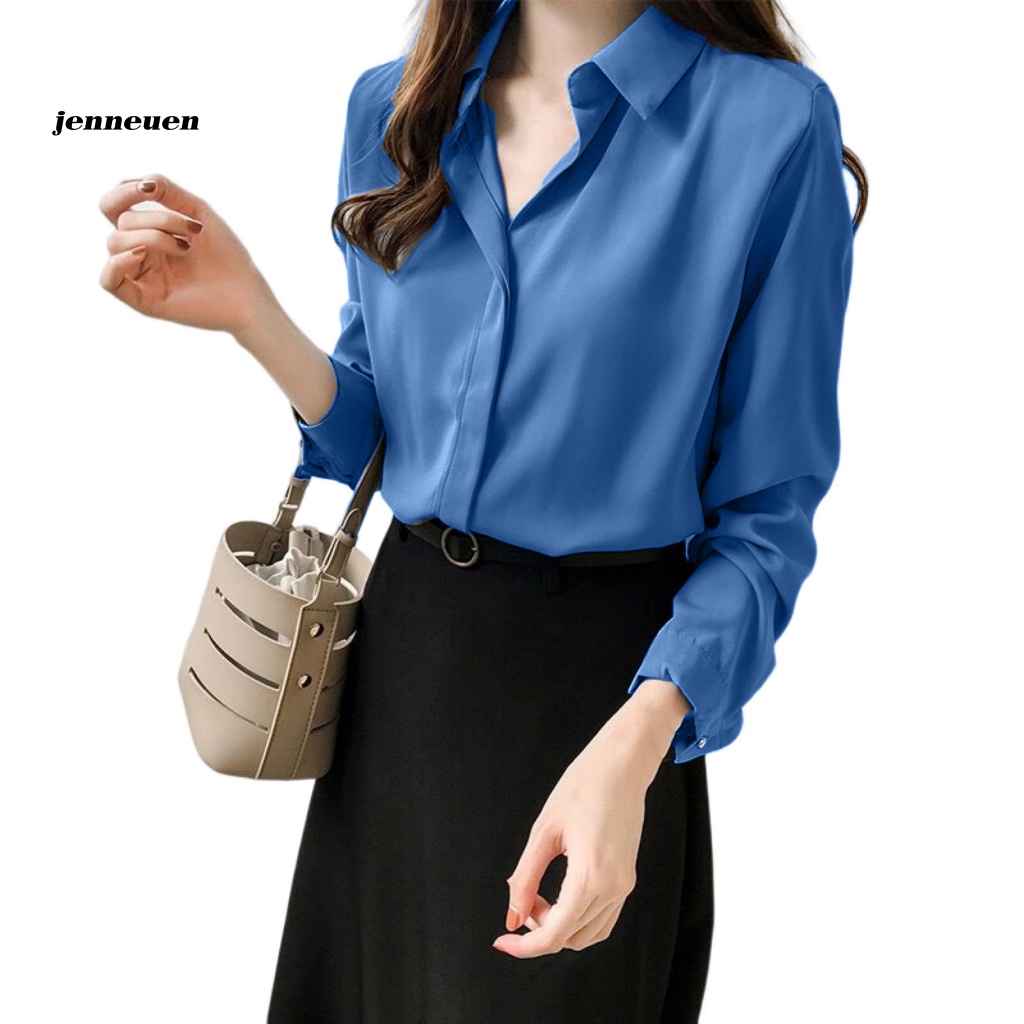 Áo Sơ Mi Chiffon Tay Dài Cổ Bẻ Màu Trơn Thời Trang Công Sở Dành Cho Nữ