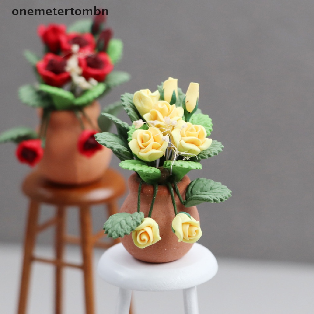 Chậu Hoa Hồng Giả Mini Tỉ Lệ 1: 12 Dùng Để Trang Trí Nhà Búp Bê