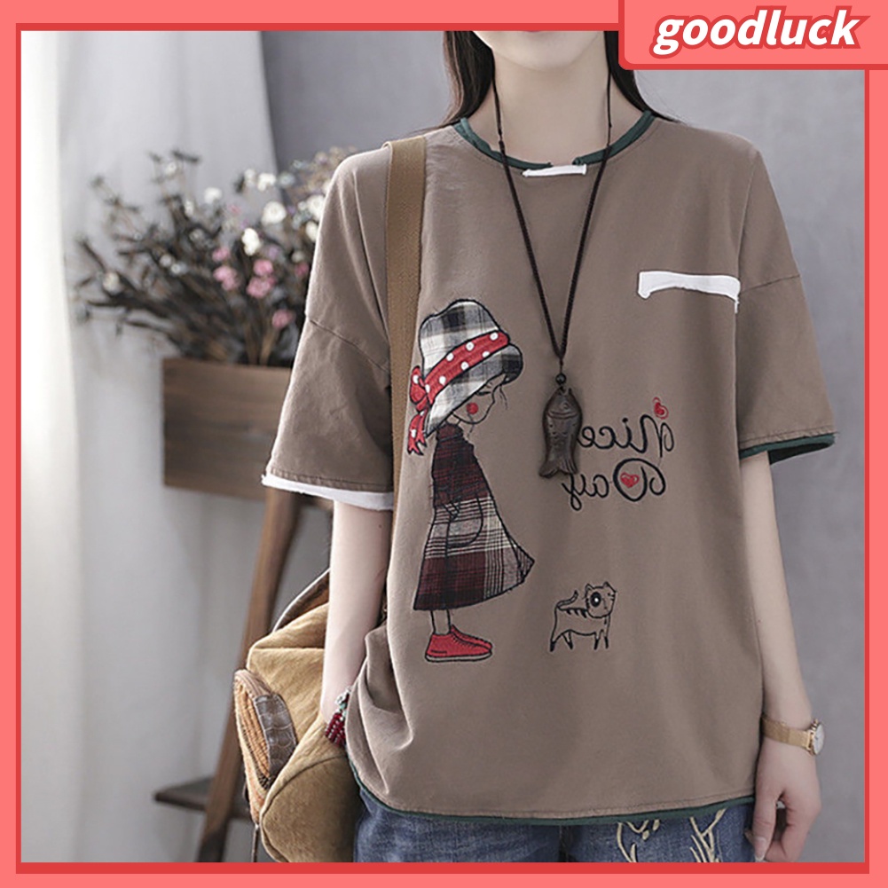 Áo Thun Cotton Tay Ngắn Cổ Tròn In Hình Mèo Hoạt Hình Dành Cho Nữ