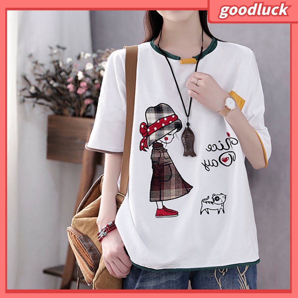 Áo Thun Cotton Tay Ngắn Cổ Tròn In Hình Mèo Hoạt Hình Dành Cho Nữ