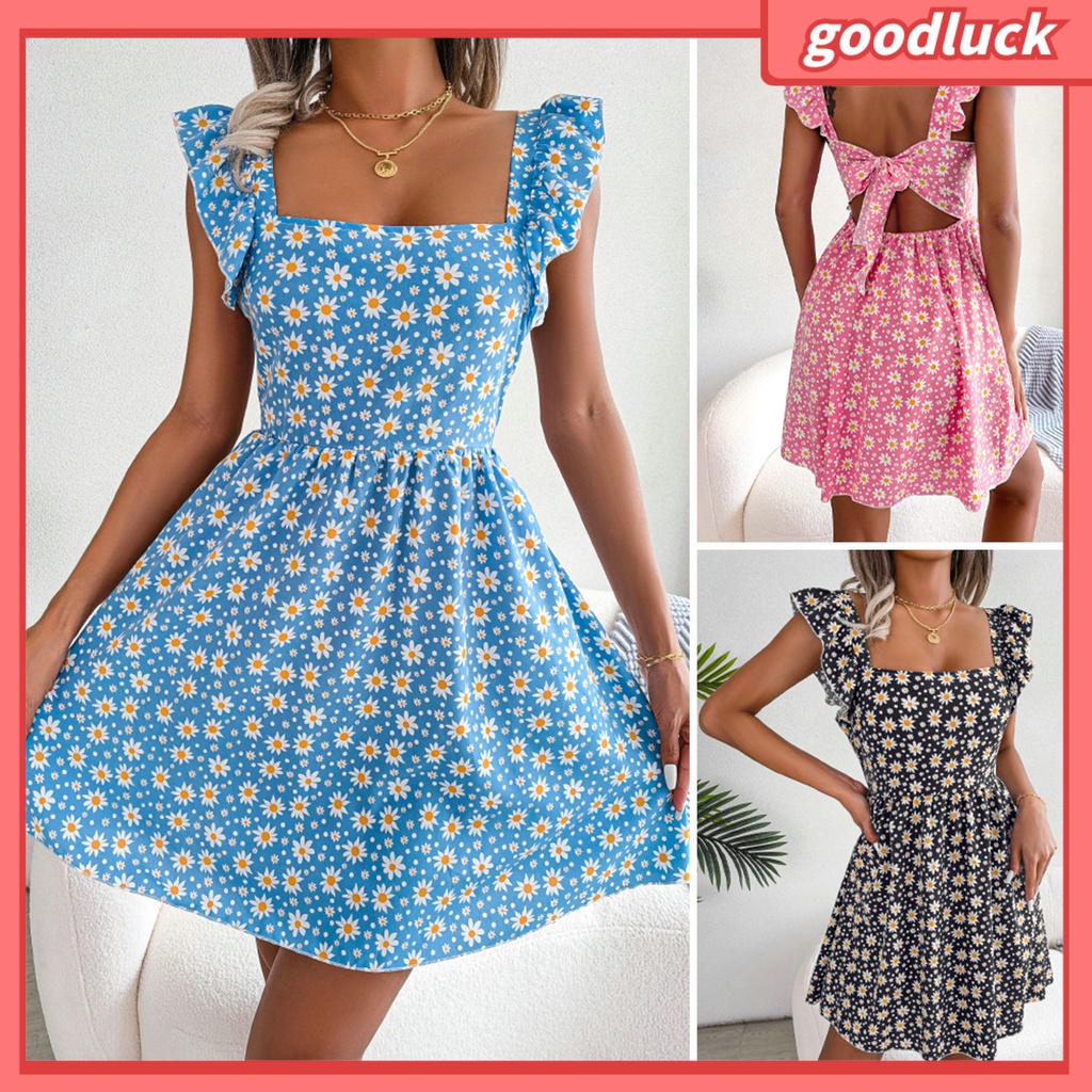 Đầm Hai Dây Cổ Vuông Eo Cao Họa Tiết Hoa Thời Trang Mùa Hè Cho Nữ
