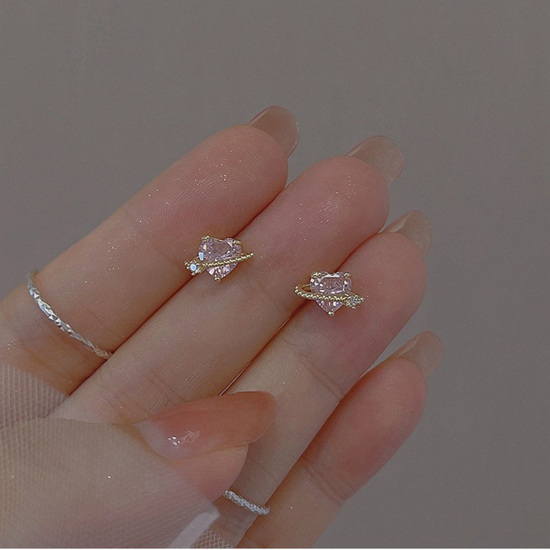 Khuyên Tai Zircon Hồng 2023 Hình Trái Tim Hành Tinh Galaxy Dát Đá Zircon Nhỏ