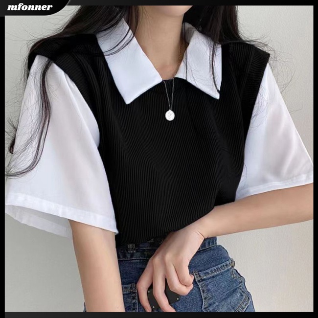 Áo Sơ Mi Tay Ngắn Dáng Rộng Màu Sắc Tương Phản Thời Trang Mùa Hè Thoáng Khí Cho Nữ