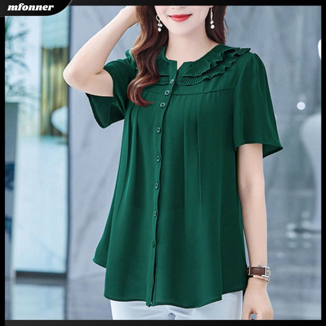 Áo Sơ Mi Chiffon Tay Ngắn Dáng Rộng Màu Sắc Đơn Giản Thanh Lịch Dành Cho Nữ Có Size Lớn