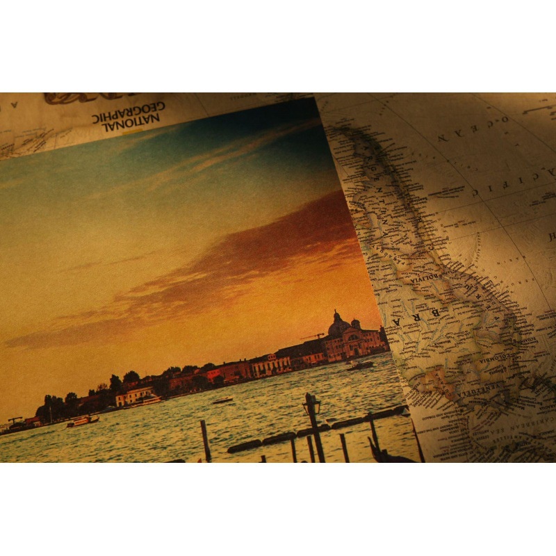 [F005] Poster Giấy Kraft In Hình Thành Phố Nước Hoài Niệm Phong Cách Retro Âu Mỹ Trang Trí Quán Cà Phê /