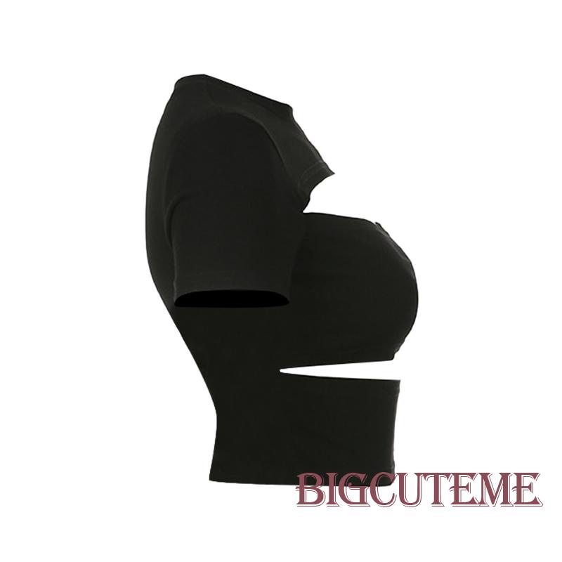Áo Thun Crop Top Tay Ngắn Cổ Tròn Màu Đen Trơn Thời Trang Mùa Hè Cho Nữ