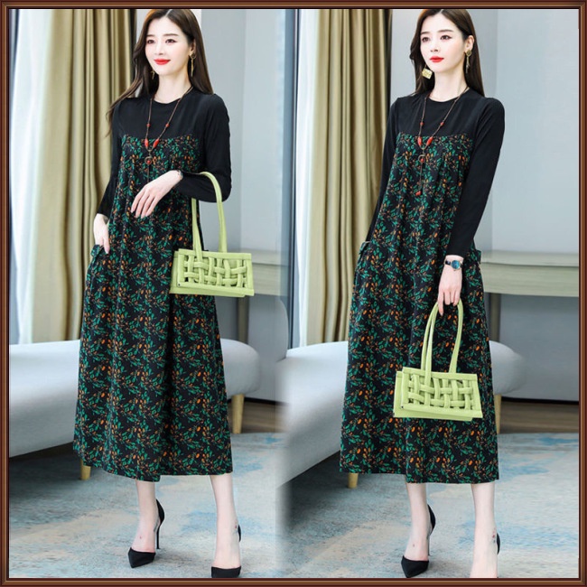 Đầm Chữ A Tay Dài Cổ Tròn Dáng Rộng In Họa Tiết Hoa Xinh Xắn Thời Trang Cho Nữ