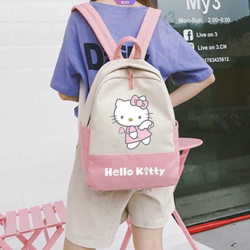Ba Lô Vải Canvas Sức Chứa Lớn Có Khóa Kéo In Họa Tiết Hoạt Hình Sanrio Hello Kitty Phong Cách Harajuku Nhật Bản Cho Nữ