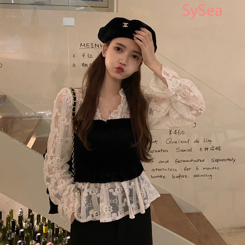 Áo Sơ Mi Dài Tay Phối Ren Phong Cách Hàn Quốc Thanh Lịch Cho Nữ