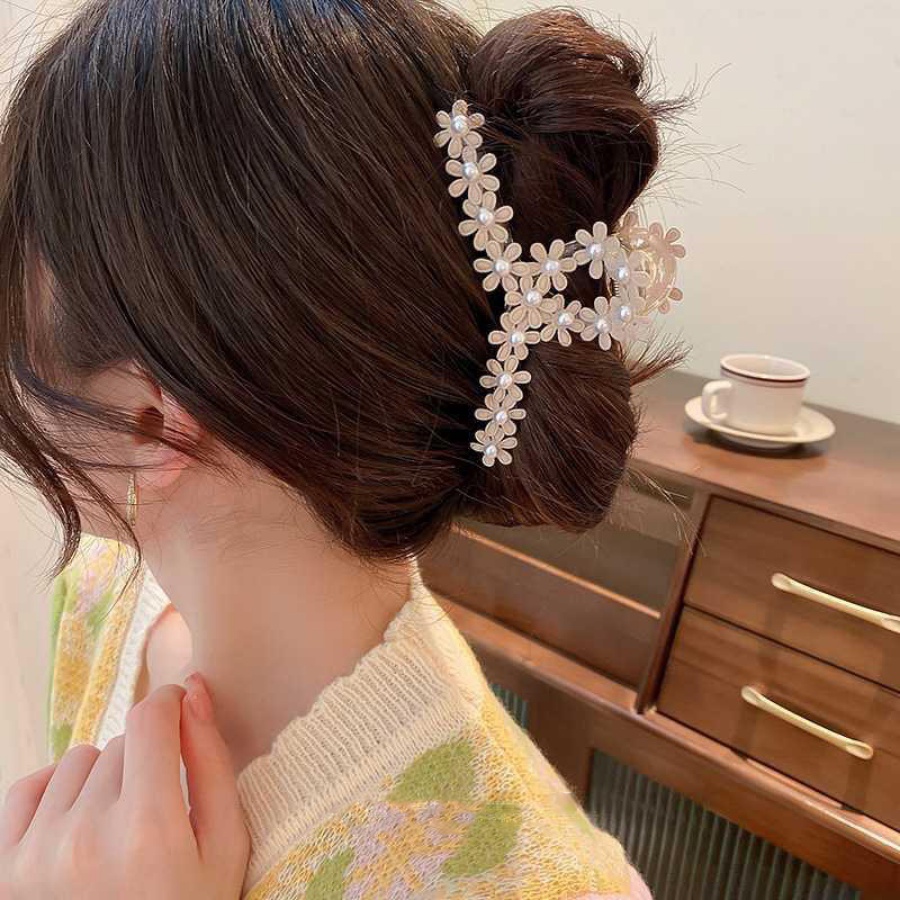 Kẹp Tóc Càng Cua Hình Hoa Bằng Acrylic Đính Ngọc Trai Phong Cách Hàn Quốc Ngọt Ngào Cho Nữ
