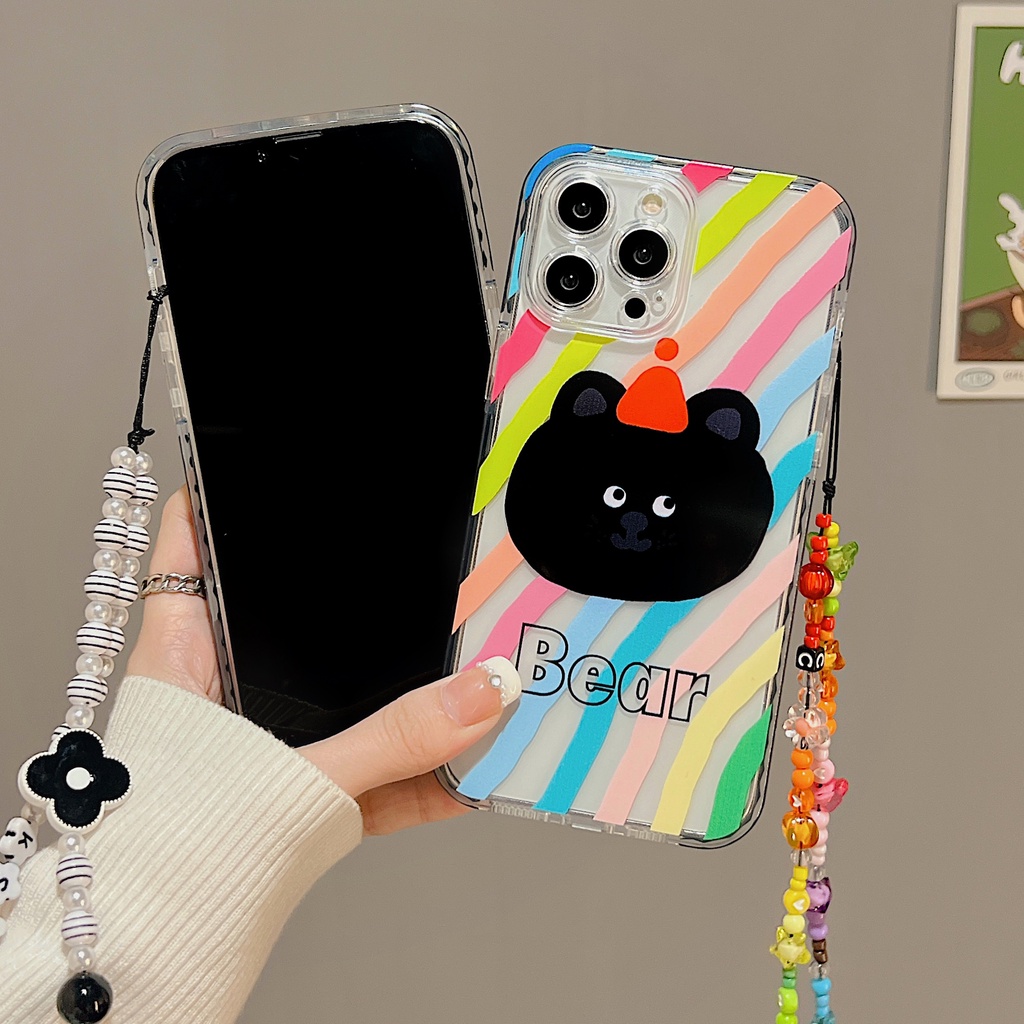 Ốp Điện Thoại Tpu Dẻo Trong Suốt Họa Tiết Hoạt Hình Kèm Dây Đeo Ngọc Trai Cho iphone 12 14 13 11 Pro Max