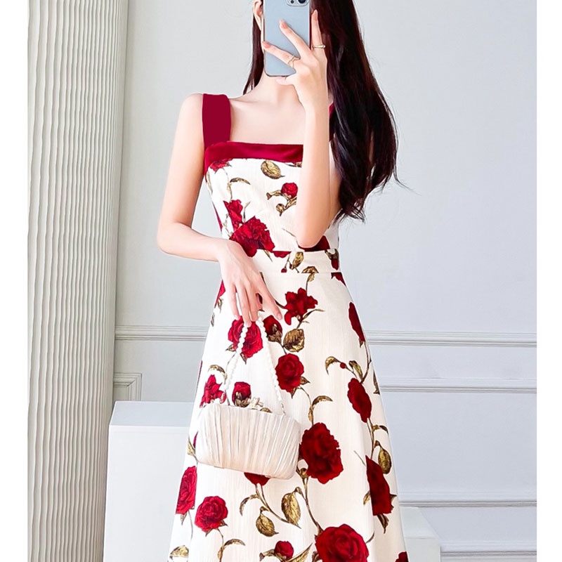 Vintage phong cách hoa hồng in đầm cho phụ nữ mùa hè ánh sáng chín gió sling váy hka067